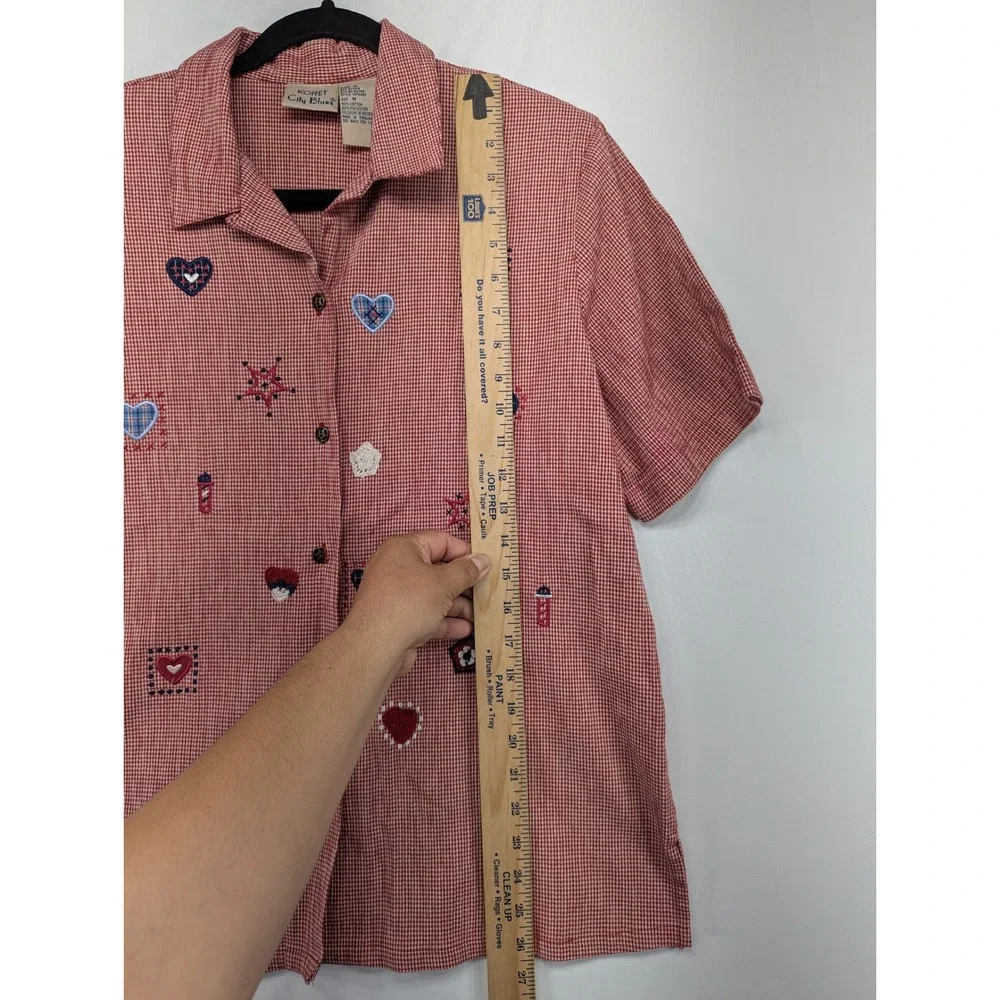Koret City Blues Womens Medium Red Gingham Embroidered Heart Star Button Shirt - Picture 4 of 8